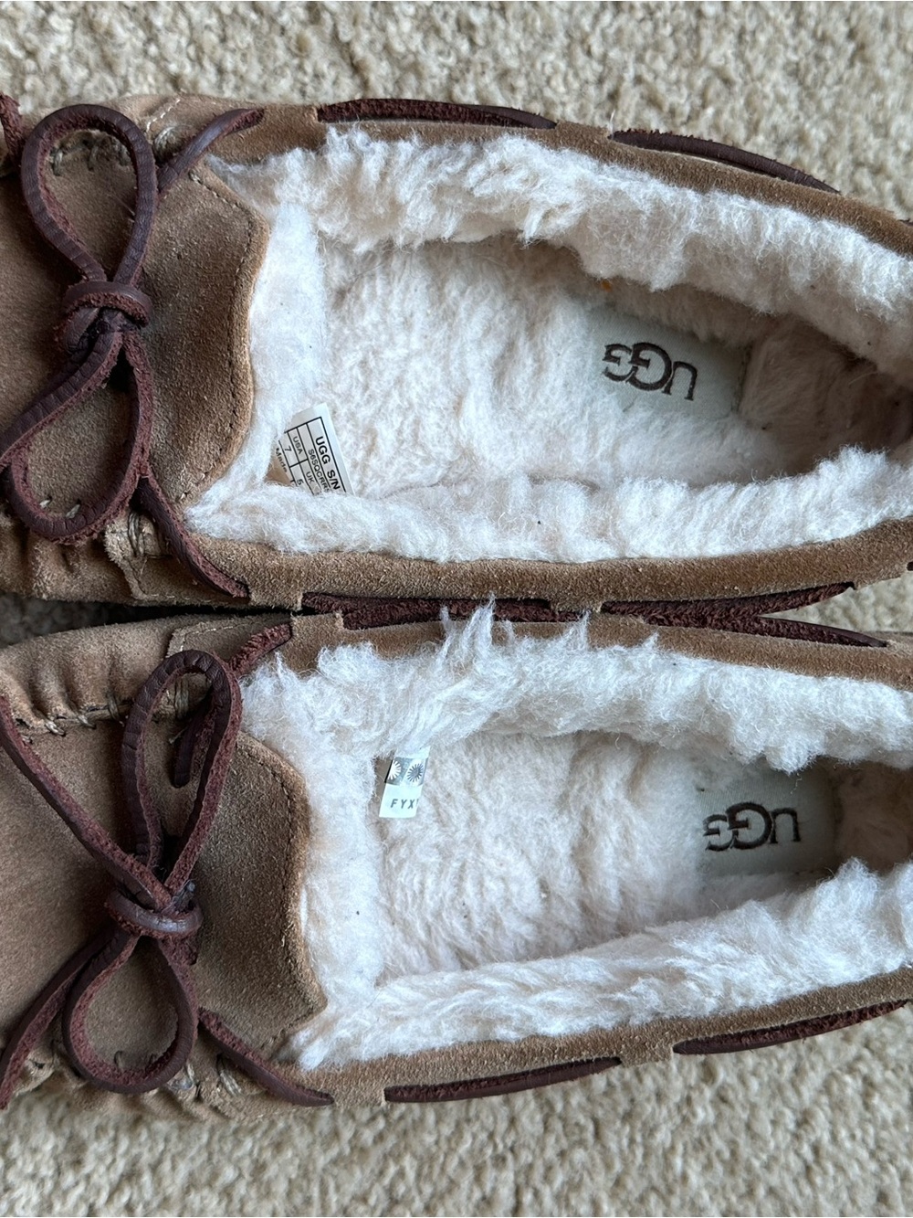 UGG Women's Chestnut Suede Moccasin Slippers with White Shearling Lining